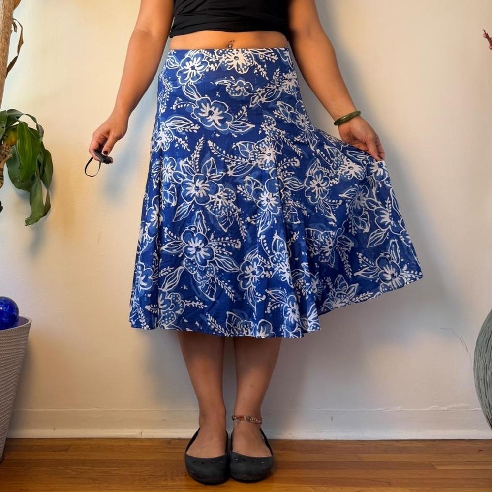 Jones New York Blue White Hibiscus Cotton Midi Skirt Size 10 Surfcore Y2K Retro